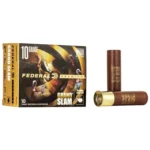 Federal FED GRAND SLAM ammunition box with three brown shotshells, front view