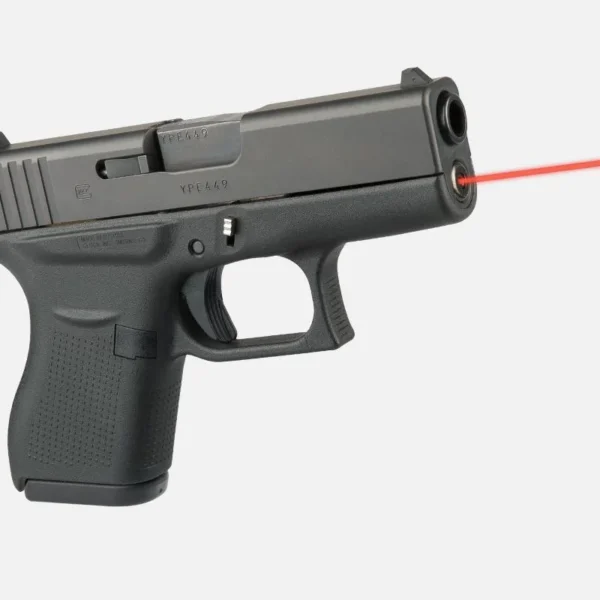 LaserMax Glock Guide Rod Laser 43, red laser beam projecting from the front of a black handgun