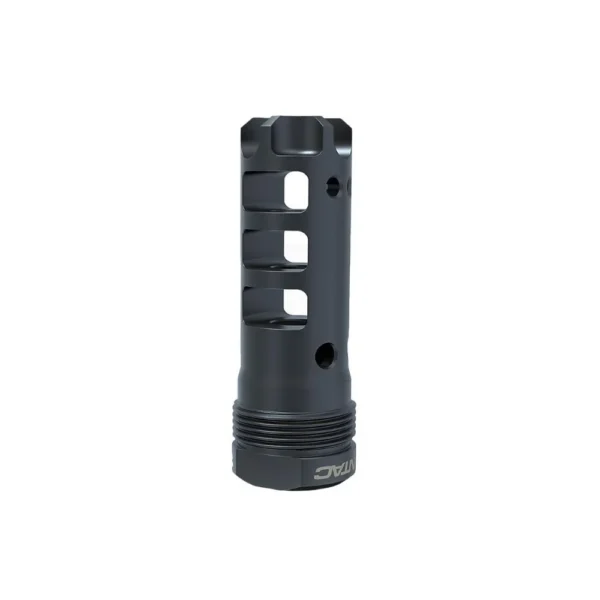 Lantac Plan-B Dragon Muzzle Brake, black upright view with side ports and threaded base