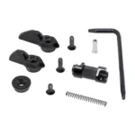 TriggerTech Black AR Safety, top view of black levers, selector, screws, spring and hex key
