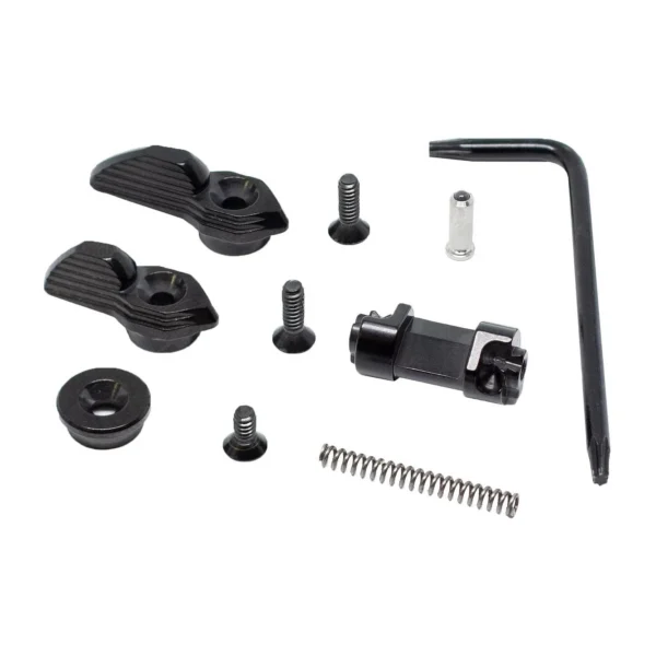 TriggerTech Black AR Safety, top view of black levers, selector, screws, spring and hex key