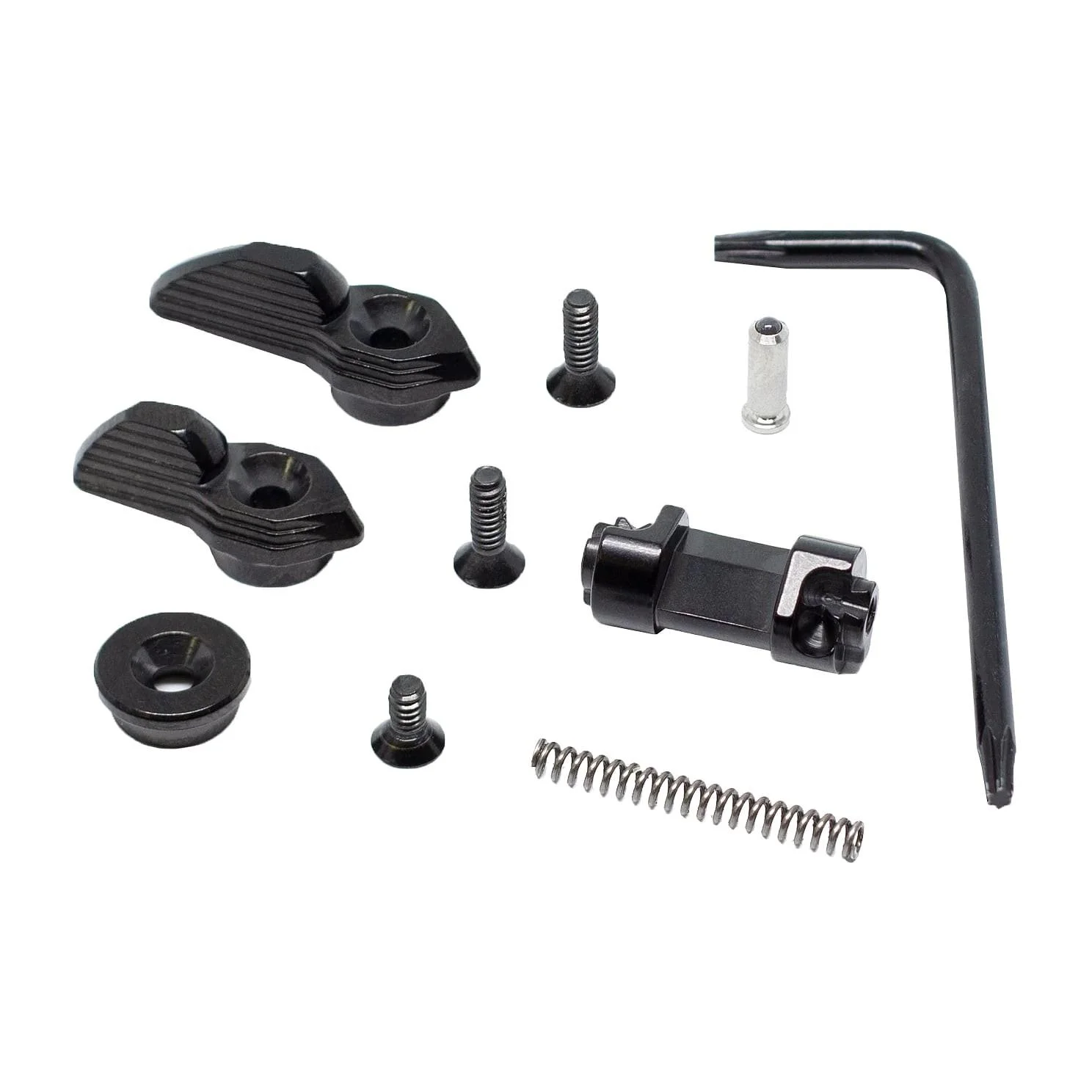 primary-48822 TriggerTech Black AR Safety, top view of black levers, selector, screws, spring and hex key