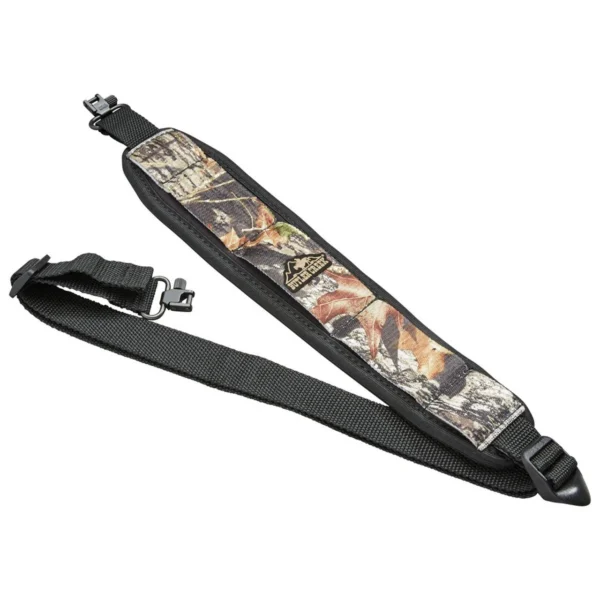 Butler Creek BTLR CRK SLING COMFRT STRETCH RTX, black and camouflage sling laid flat