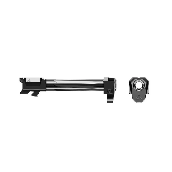 Radian Weapons Afterburner and Ramjet Combo, black barrel and compensator, side and muzzle views