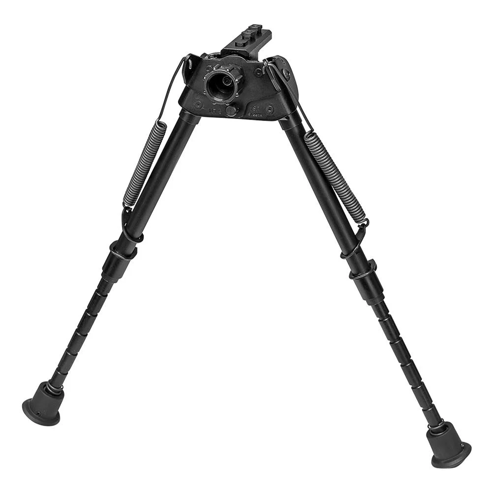 primary-48853 Harris S-LM Bipod M-LOK, black front view with two extended spring-loaded legs and rubber feet