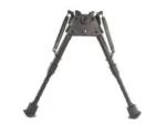 Harris Bipods Series S black bipod, front view with extended notched legs and external springs