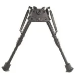 Harris Bipods Series S black bipod, front view with extended notched legs and external springs
