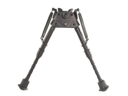 Harris Bipods Series S black bipod, front view with extended notched legs and external springs
