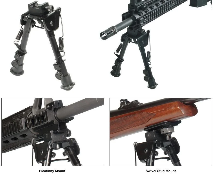 primary-48876 Leapers Tactical Op Bipod, black bipod shown extended and mounted on two rifles