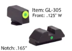 Ameriglo Glock Tritium I-Dot Night Sight Set, angled views with lime front ring and green rear dot
