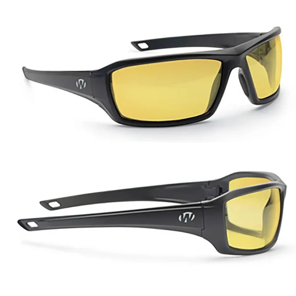Walkers Game Ear Walker's IKON Forge Shooting Glasses, black frames with amber lenses, two side views