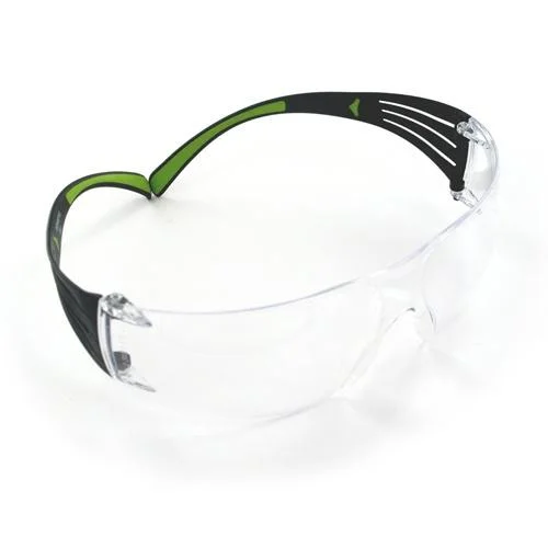 3M/Peltor SecureFit 400 eye protection, clear lenses with black and green temples, front view