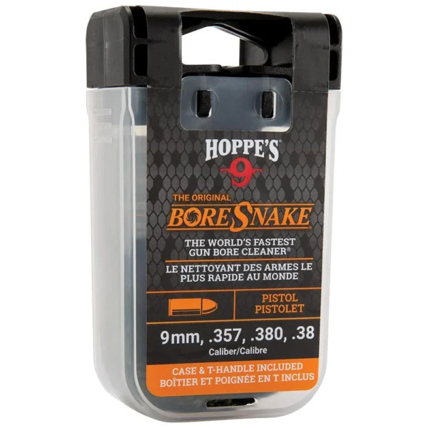 Hoppe's Boresnake Den, front view of black and clear plastic storage case with orange label