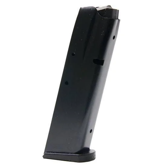 ProMag CZ-75 Magazine, angled side view of black metal magazine with base plate