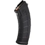 MAGPUL PMAG AK M3 black curved magazine, angled front view with ribbed body