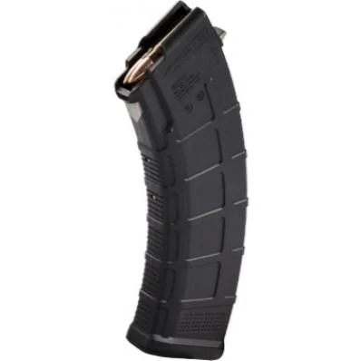 MAGPUL PMAG AK M3 black curved magazine, angled front view with ribbed body