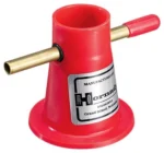 Hornady Powder Trickler red body with brass dispensing tube and red handle, angled front view