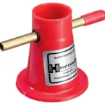 Hornady Powder Trickler red body with brass dispensing tube and red handle, angled front view