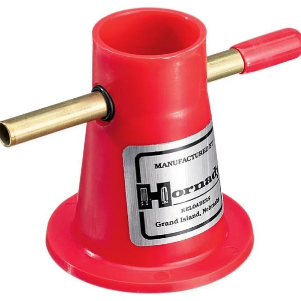 Hornady Powder Trickler red body with brass dispensing tube and red handle, angled front view
