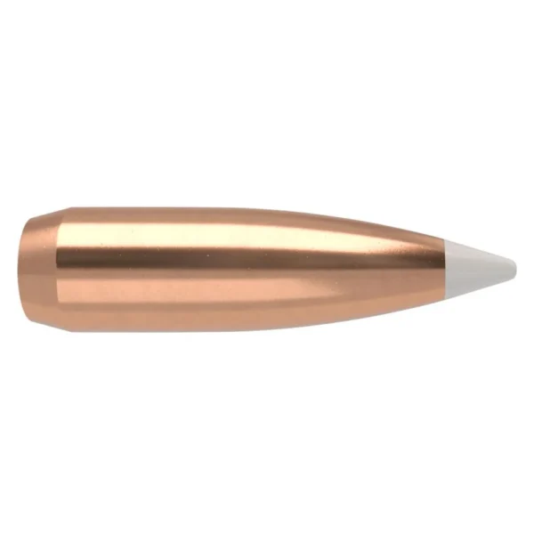Nosler AccuBond, copper-coloured projectile in side view with a white pointed tip