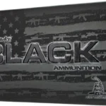 Hornady Black black ammunition box in angled front view with gray lettering