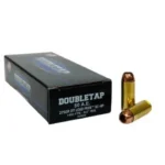 DoubleTap Ammunition DBLTAP, black box with two brass cartridges and copper-colored hollow-point bullets