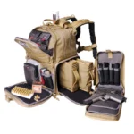 G-Outdoors GPS Tactical Range Backpack, tan front view with compartments open and gear visible