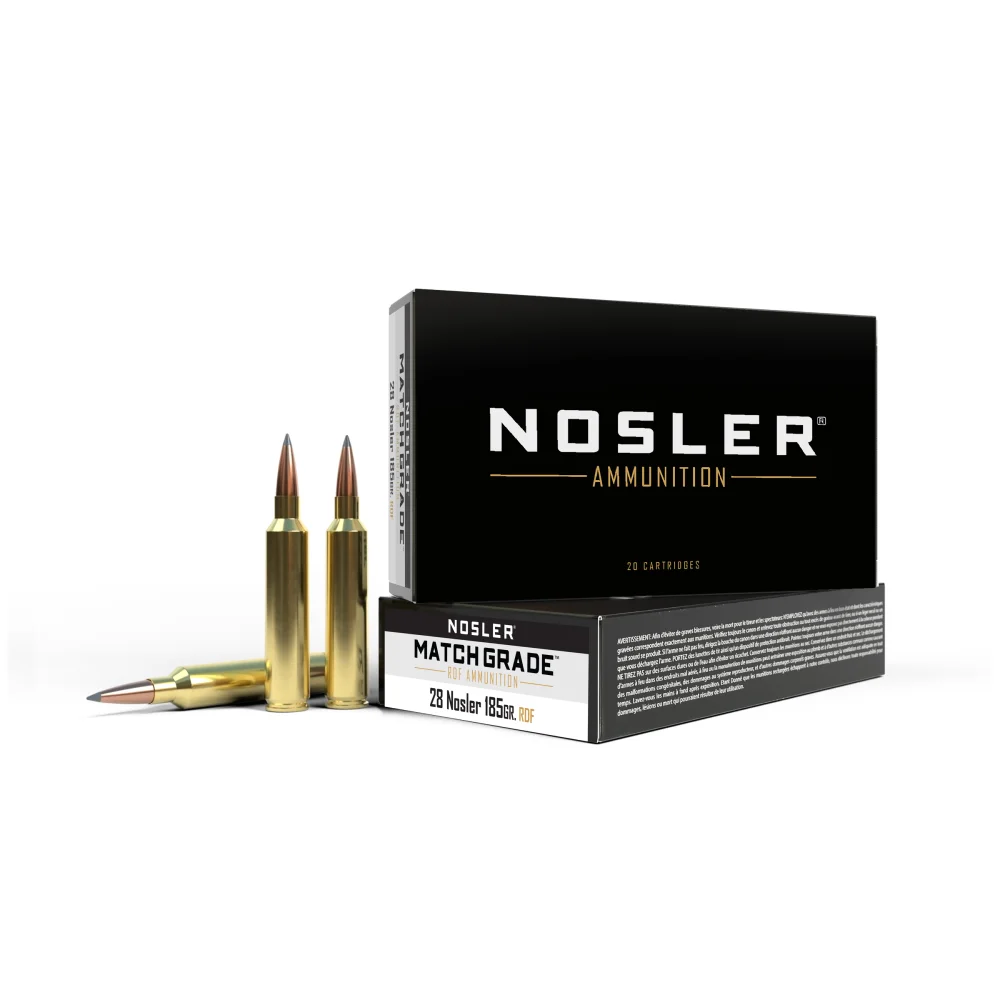 primary-48989 NOSLER 28NOS 185GR RDF HPBT black ammunition box with three brass cartridges