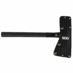 SOG Tactical Tomahawk Ax Black, left-side view with ribbed handle and snap-fastened blade cover