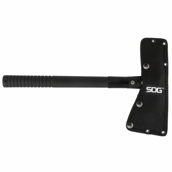 SOG Tactical Tomahawk Ax Black, left-side view with ribbed handle and snap-fastened blade cover