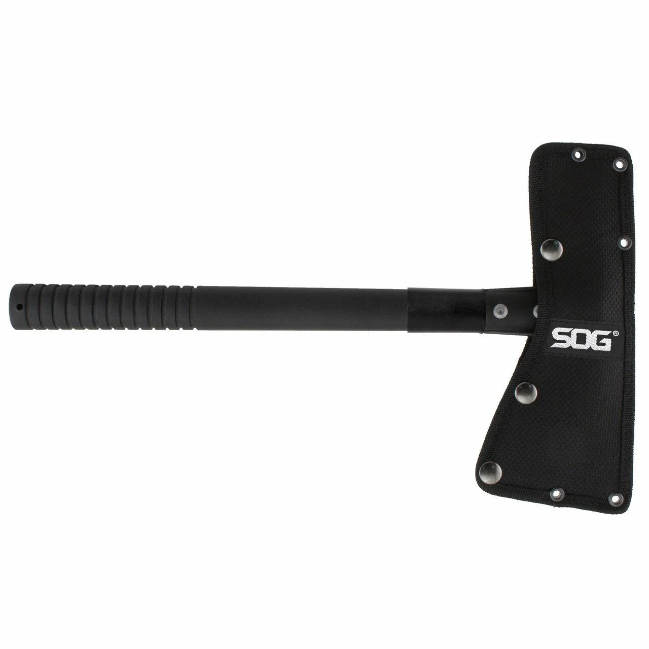 primary-48990 SOG Tactical Tomahawk Ax Black, left-side view with ribbed handle and snap-fastened blade cover