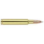 NOSLER 280 ACK IMP 160GR AB, side view of brass cartridge with copper-coloured pointed bullet