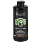 Alliant BE-86 Smokeless Pistol Powder, front view of black bottle with black cap and green label
