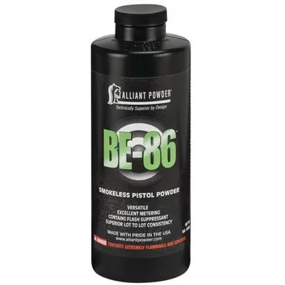 Alliant BE-86 Smokeless Pistol Powder, front view of black bottle with black cap and green label