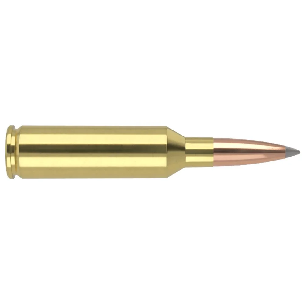 primary-49025 NOSLER TGA cartridge, left side view with brass case and copper-coloured pointed bullet
