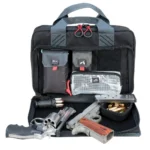G-Outdoors Quad Pistol Range Bag, black open front view with pistols, ammunition and storage pouches