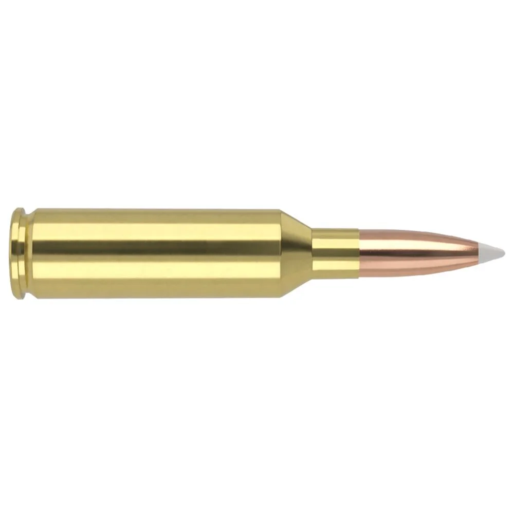 primary-49033 NOSLER TGA 6.5 PRC 140GR AB, brass cartridge with copper-coloured pointed bullet, side view