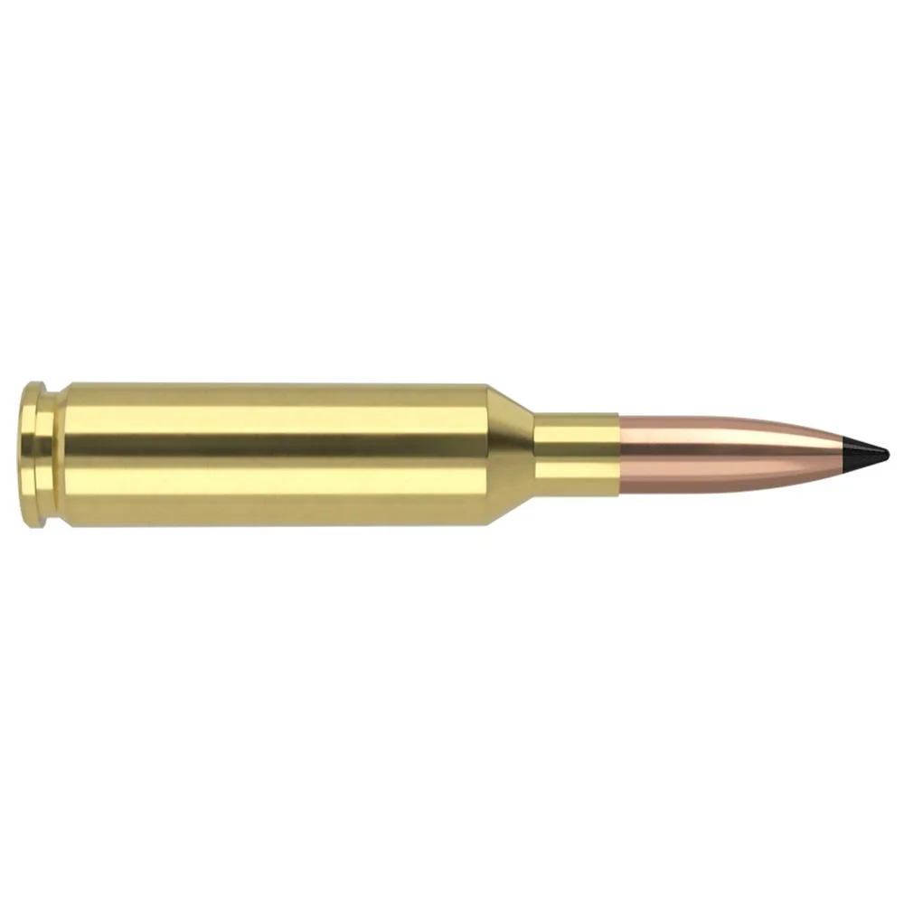 primary-49038 NOSLER VG 6MM CM, side view of a brass cartridge with copper-colored pointed bullet
