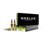 Nosler BTA ammunition box with three brass cartridges, front three-quarter view