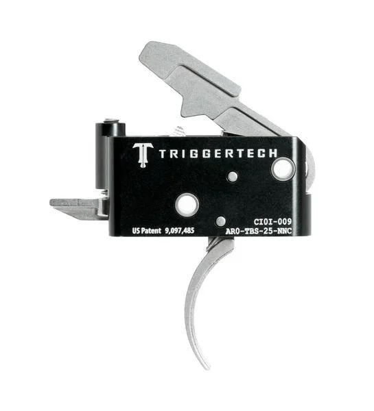 TriggerTech AR15 Adaptable Curved Trigger, front view in black and silver with curved trigger
