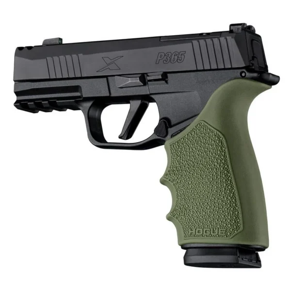 Hogue HandAll Beavertail Grip Sleeve for SIG P365 XMacro OD green, installed on handgun