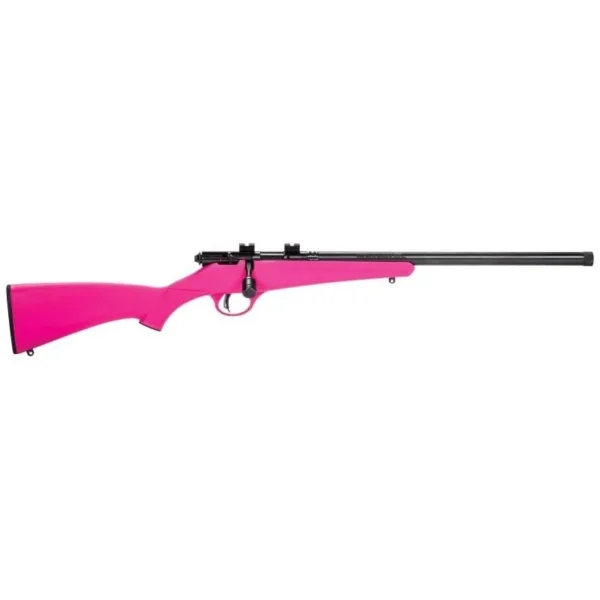 Savage Arms SAV RASCAL, right-side view with bright pink stock, black barrel and raised sights