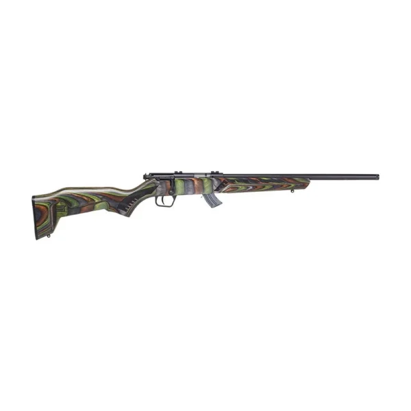 Savage Arms SAV MRK II MINM, left-side view with multicolour laminated stock and black barrel