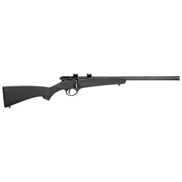 Savage Rascal FV-SR, black rifle in right-side view with synthetic stock and heavy barrel