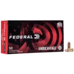 Federal American Eagle Handgun Ammunition, black and red box with two cartridges