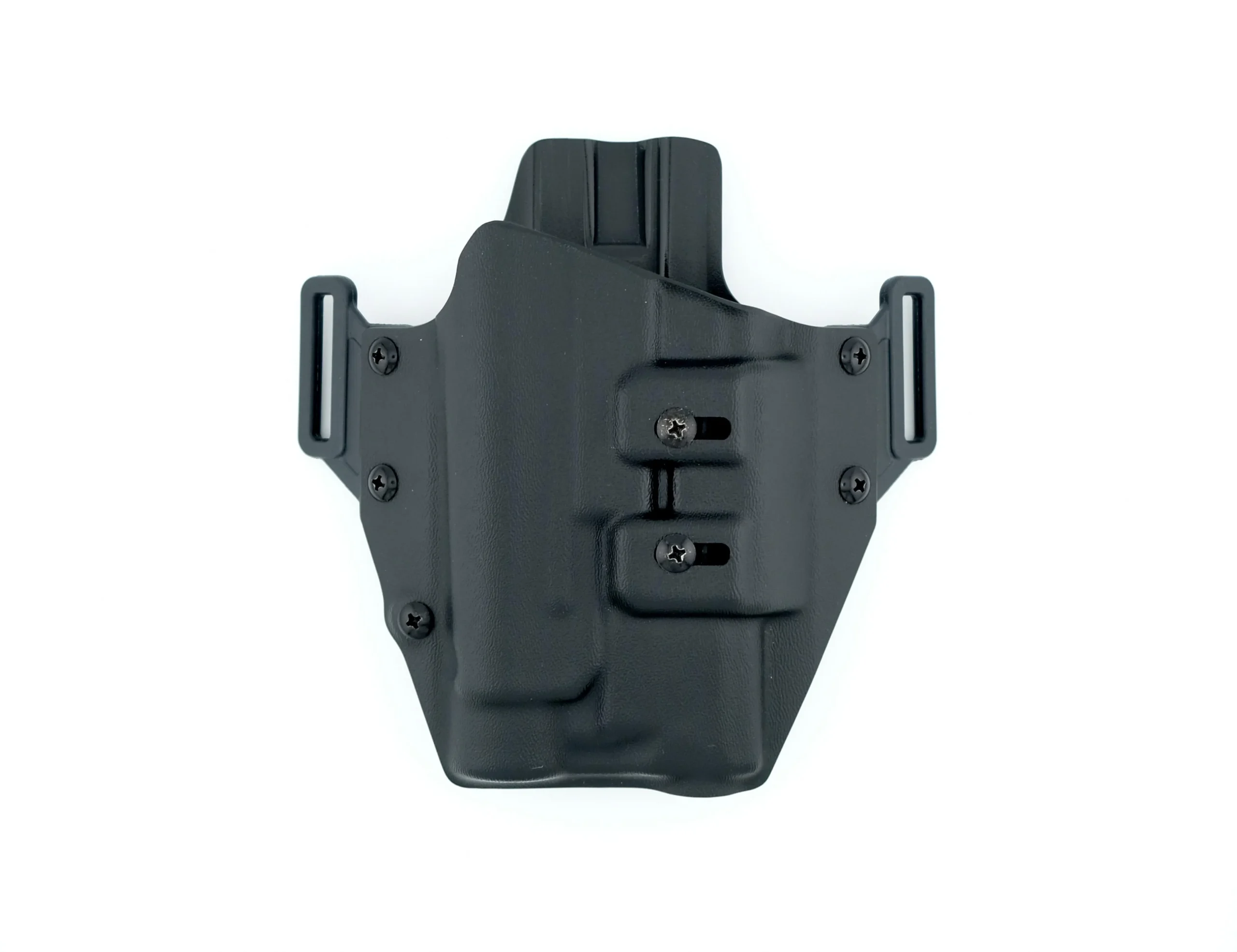 primary-49101 Crucial Concealment Universal Light OWB Holster, black rear view with belt loops and hardware