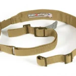 Blue Force Gear Vickers Padded 2-Point Sling in coyote brown, laid out with acetal hardware