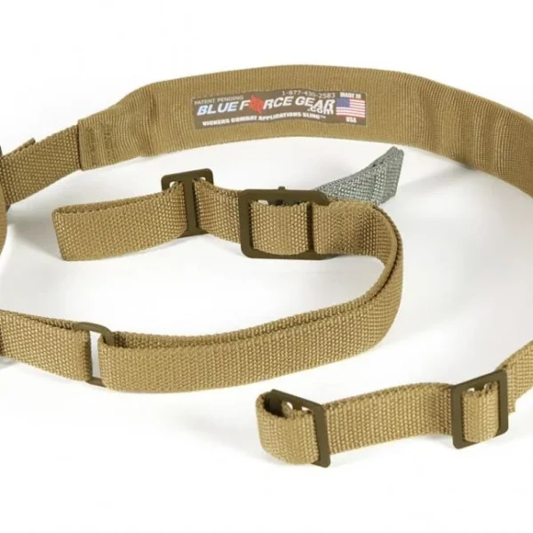 Blue Force Gear Vickers Padded 2-Point Sling in coyote brown, laid out with acetal hardware