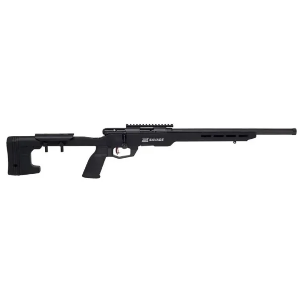 Savage Arms SAV B22 PRCSN black rifle, right side view with adjustable stock and long top rail