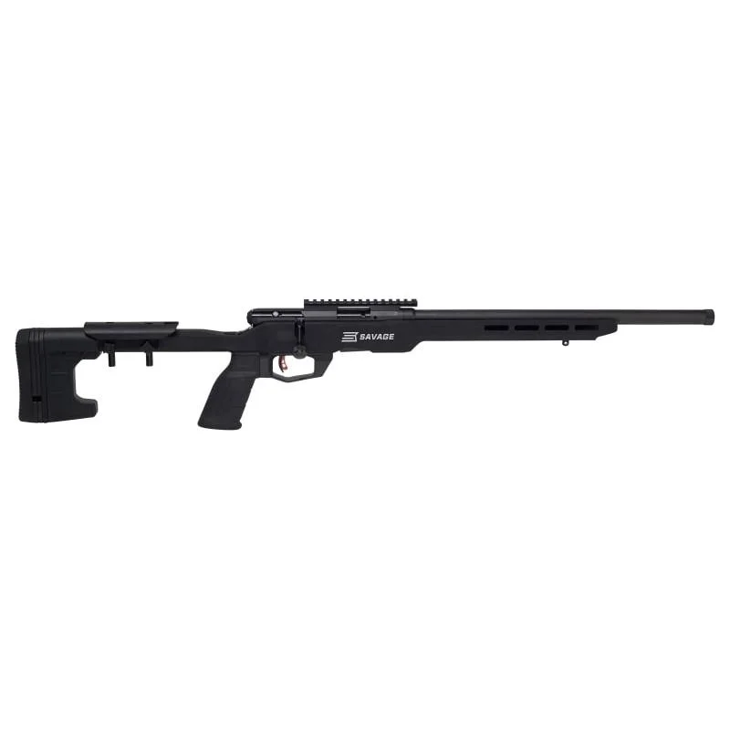 primary-49123 Savage Arms SAV B22 PRCSN black rifle, right side view with adjustable stock and long top rail